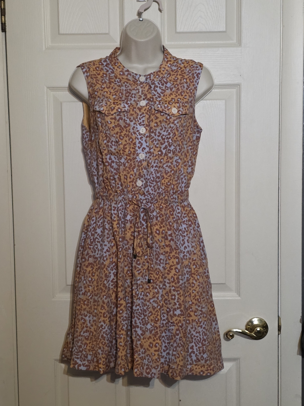 Nine West Sleeveless Button-Front Tie-Waist Mini Dress - Mustard & Lavender